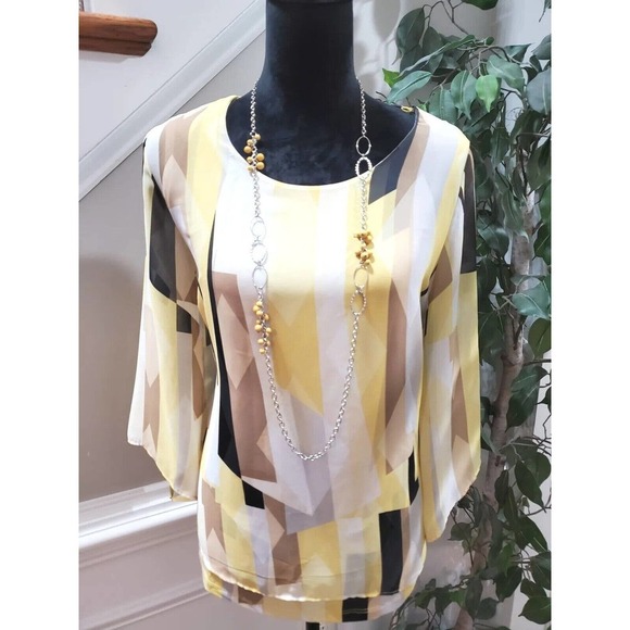 JM Collection Women Yellow Polyester Round Neck Long Sleeve Pullover Shirt Small - Picture 2 of 10